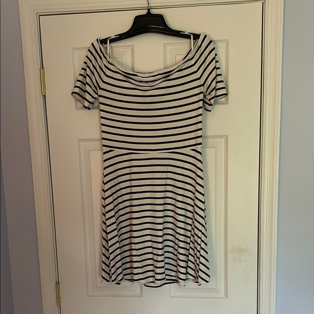 White House Black Market Black and White Striped Off The Shoulder Mini Dress